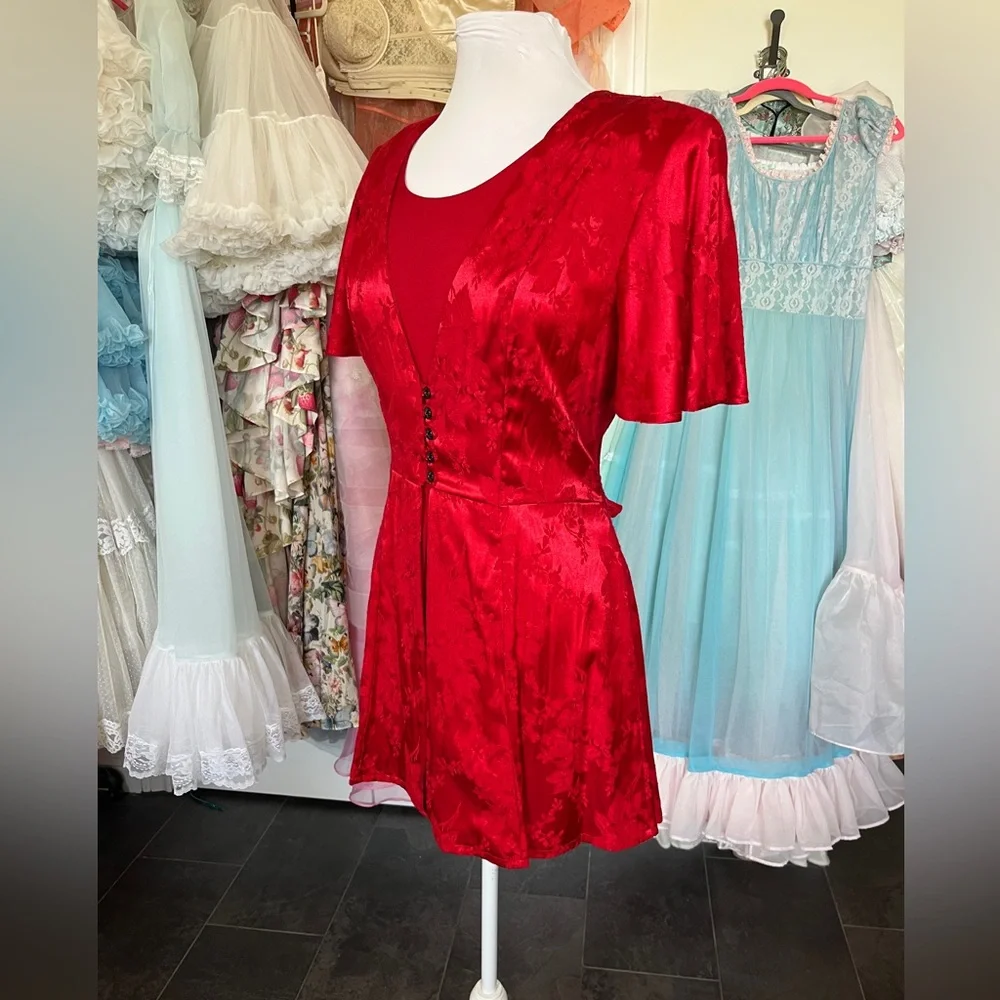 Olivia Rose ❤️ vintage 90s red satin flutter sleeve button front mini dress - Picture 3 of 9